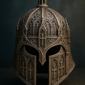 May include: An intricately designed bronze-coloured helmet, featuring gothic architectural elements. The helmet is adorned with crosses and arched windows, topped with a pointed spire. The symmetrical design suggests a historical or fantasy theme.