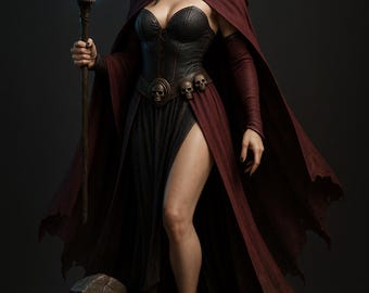 May include: A woman in a black and burgundy outfit, holding a skull-topped staff. She wears a hooded cloak and a belt with skull accents. Skulls are also on her shoulder and at her feet. The image has a dark, gothic theme.