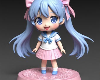 May include: A detailed anime-style figurine of a young girl. She has light blue hair styled in pigtails with pink bows, and wears a white sailor top with a blue collar and a pink pleated skirt. The figurine stands on a pink circular base.