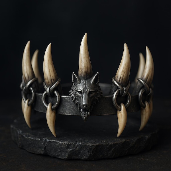 Dark Fantasy Wolf Fang Crown STL Model - Gothic Royal Headpiece (Digital Download)