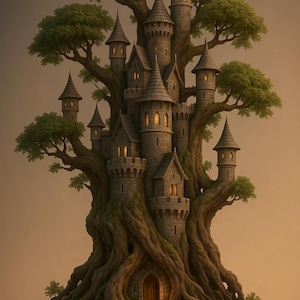 May include: A fantasy illustration of a castle built into a large tree. The castle has multiple towers with pointed roofs and lit windows. The tree's roots form the base, with a stone staircase leading to a wooden door.