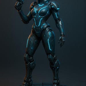Könnte beinhalten: Eine futuristische Figur in einem dunkelblauen Panzeranzug mit leuchtend blauen Akzenten, die eine Waffe hält. Die Figur hat kurze rote Haare und steht auf einer kreisförmigen Plattform. Das Design deutet auf Science-Fiction hin.