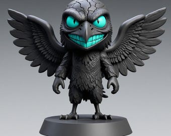 May include: A black raven figurine with a cracked head, teal eyes, and a wide teal grin. The raven has outstretched wings and is standing on a round black base. The figurine has a detailed, textured appearance.