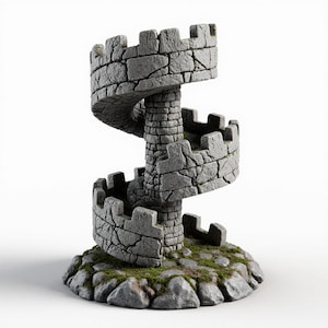 Puede incluir: Una torre de castillo en espiral de piedra gris con almenas. La torre tiene un aspecto texturizado y desgastado, con grietas y musgo visibles. La base es una superficie rocosa con parches de musgo verde.