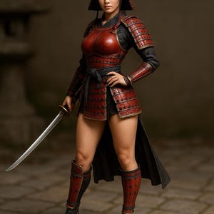 May include: A detailed figurine of a female samurai warrior. She wears red and black armor with gold accents, a helmet, and carries a katana. The figure stands on a stone base, showcasing intricate details of the traditional Japanese attire.