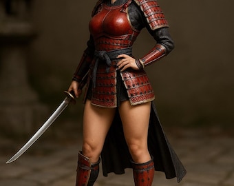 Può includere: Statuetta dettagliata di una guerriera samurai. Indossa un'armatura rossa e nera con dettagli dorati, un elmo e porta una katana. La figura è su una base di pietra, mostrando i dettagli dell'abbigliamento tradizionale giapponese.