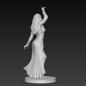 May include: A 3D-printed figurine of a dancer in a flowing skirt and a midriff-baring top. The dancer's arm is raised, and her hair cascades down her back. The figurine is in a neutral color and stands on a circular base.