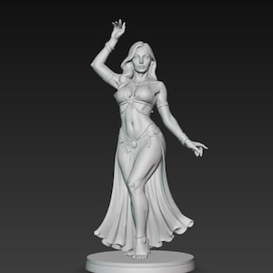 May include: A detailed, grayscale sculpture of a female figure in a belly dance costume. The figure is posed with one arm raised and the other extended, wearing a bra top, skirt, and flowing fabric. The sculpture is mounted on a circular base.