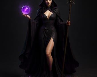 May include: A figure in a black hooded gown, holding a glowing purple orb, stands on a stone platform with a circular design. The figure also holds a staff with a spider-like top. The image has a dark, mysterious theme.