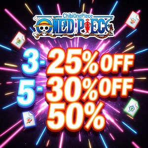 May include: Promotional graphic with the "ChibiOnePiece" logo and the words "ONE PIECE" in a stylized font. The image highlights discount offers: 3 items for 25% off, 5 items for 30% off, and 50% off. Colorful light streaks radiate from the center.