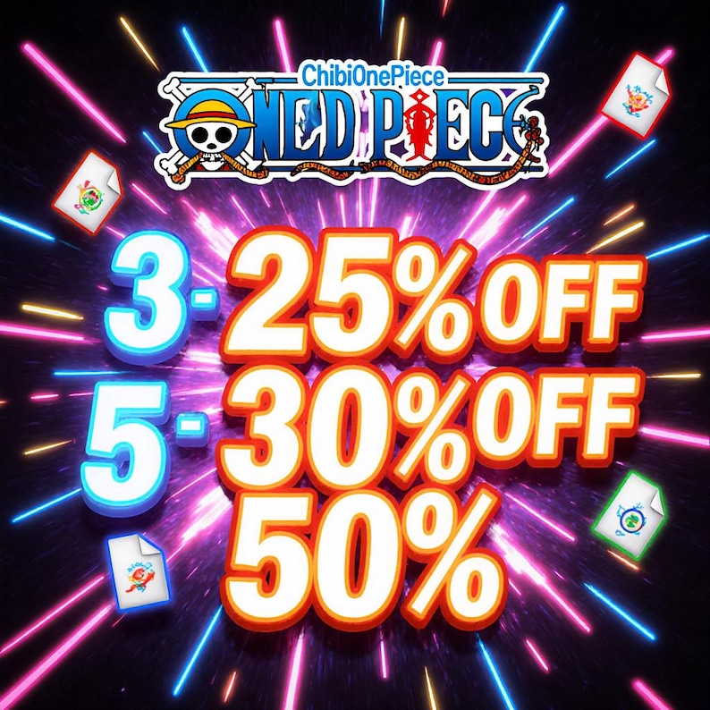 May include: Promotional graphic with the "ChibiOnePiece" logo and the words "ONE PIECE" in a stylized font. The image highlights discount offers: 3 items for 25% off, 5 items for 30% off, and 50% off. Colorful light streaks radiate from the center.