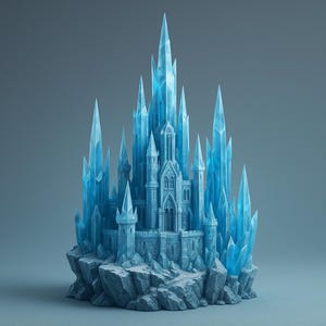 May include: A detailed sculpture of a blue ice castle with multiple spires and turrets. The castle sits atop a rocky base, with a gradient blue background. The castle's design features intricate architectural details, creating a fantasy aesthetic.