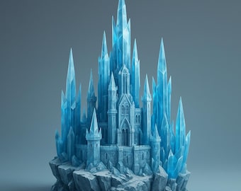 May include: A detailed sculpture of a blue ice castle with multiple spires and turrets. The castle sits atop a rocky base, with a gradient blue background. The castle's design features intricate architectural details, creating a fantasy aesthetic.