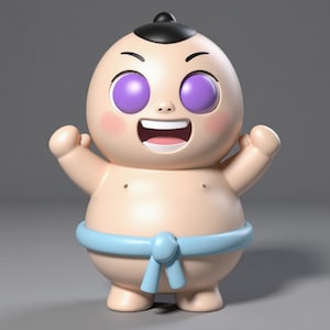 May include: A cartoon sumo wrestler figure with a round body, light skin, and a black topknot. The figure has large purple eyes, rosy cheeks, and a light blue belt. The wrestler is smiling with its arms raised.