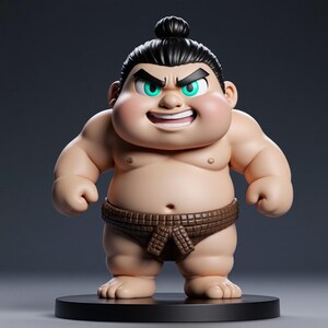 May include: A cartoon figurine of a sumo wrestler. The figure has a tan skin tone, black hair in a topknot, and a stern expression with teal eyes. He wears a brown mawashi and stands on a black base.
