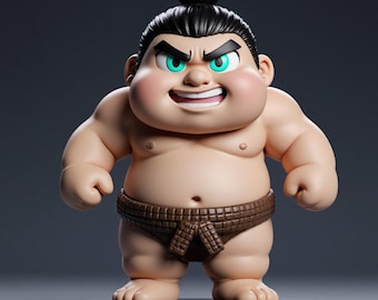 May include: A cartoon-style figurine of a sumo wrestler. The figure has a tan skin tone, black hair in a topknot, and a stern expression with teal eyes. He wears a brown mawashi and stands on a black base.