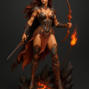 Puede incluir: Figura detallada de una mujer guerrera con armadura ornamentada, sosteniendo un arco y una flecha y una espada. La figura tiene el pelo largo y rojo y está de pie sobre una base rocosa con un efecto de lava ardiente. La armadura es una mezcla de bronce y gris oscuro.