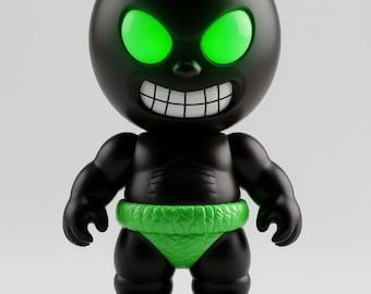 May include: A black figurine with a round head, muscular arms, and a green loincloth. The figurine has glowing green eyes and a wide, toothy grin. The design is cartoonish and stylized.