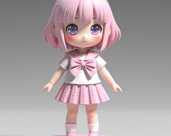 May include: A pink anime-style figurine of a girl with pink hair and large purple eyes. She wears a white sailor-style shirt with a pink bow, a pink pleated skirt, and pink boots. The figurine stands on a pink circular base.