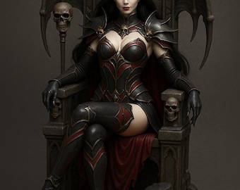 Puede incluir: Escultura gótica fantástica de una mujer con armadura negra y roja, sentada en un trono adornado con calaveras y alas de murciélago. La mujer lleva una corona dorada y sostiene un bastón con una calavera. El trono está sobre una base de piedra.