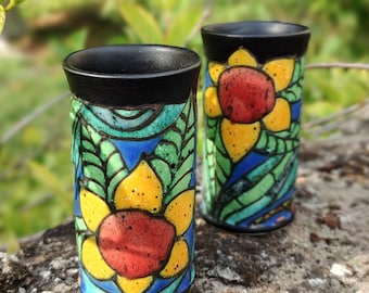 Pottery Tumbler with Flowers - Ceramic Shot Mug - Handmade Alcohol Glass - Collectible Pottery - Slab Pottery - Small Colorful   Tumbler