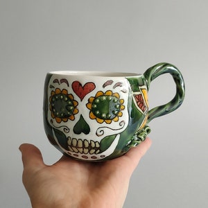 Talavera Sugar Skull mug, Handmade Mugs, Green Cup with  Skull and Flowers, Tea or Coffee, Halloween Present Cup, Unique Pottery, Skull mug