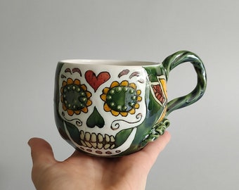 Talavera Sugar Skull mug, Handmade Mugs, Green Cup with  Skull and Flowers, Tea or Coffee Lover, Xmas Present Cup, Unique Pottery, Skull mug