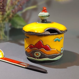 Handmade Ceramic Yellow Sugar Bowl ,  Hand Painted Sugar Box With Ceramic Spoon, Lidded Sugar Bowl, Handbuilt Sugar Basin