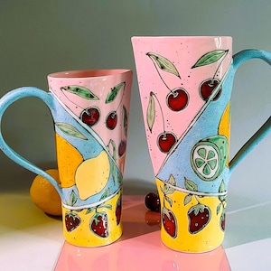 Slab Built Ceramic Pitcher, Unique Pottery Jug with Hand Painted Fruts, Tricolored Juice Conteiner, Home Decor, Functional Art image 1