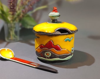 Handmade Ceramic Yellow Sugar Bowl ,  Hand Painted Sugar Box With Ceramic Spoon, Lidded Sugar Bowl, Handbuilt Sugar Basin