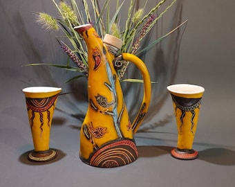 Collectible Yellow Alcohol Set, Handmade Pottery with Bird Art, Perfect for Home Bar Display, Great Housewarming Gift