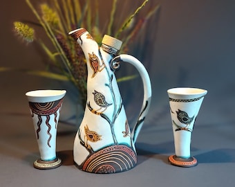 Alcohol Set with Birds, Hand Glazed And Hand Painted Bottle & Cups. Handmade Pottery. Collectible Pottery.Booze Set. White Alcohol Set