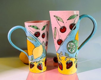 Slab Built Ceramic Pitcher, Unique Pottery Jug with Hand Painted Fruts, Tricolored Juice Conteiner, Home Decor, Functional Art