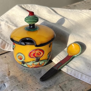 蓋付き手作りセラミックシュガーボウル、カラフルな陶器製ジャー、風変わりなキッチン装飾、コーヒーバーアクセサリー