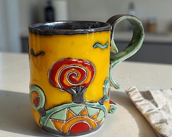 Handmade Yellow Coffee Mug, Hot Air Balloon Ceramic Cup, Colorful Pottery Gift