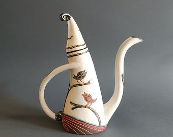 Ceramic Teapot, Handmade Pottery Tea Kettle with Song Birds and Sun, Unique Shaped Coffee Pot with Heart Warming Style, Hand-painted Kettle