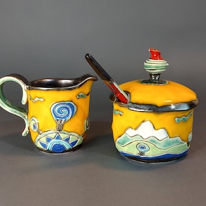 Yellow Ceramic Sugar Basin & Cream Pitcher, Artisan Handbuilt and Painted, For Sweetening Coffee or Tea, Unique Housewarming Gift