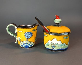 Yellow Ceramic Sugar Basin & Cream Pitcher, Artisan Handbuilt and Painted, For Sweetening Coffee or Tea, Unique Housewarming Gift