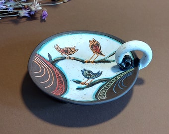 Hand-built ceramic candleholder with handpainted birds. Small handmade pottery dish with handle. Cookie Tray, Slab built pottery nuts bowl