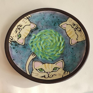 Handmade Ceramic Cat Plate • Hanging Wall Decor or Trinket Dish • Hand-Painted Kitty Pottery
