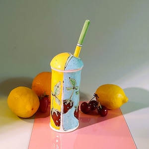 Handmade Ceramic Tumbler, Slab Pottery, Water Glass, Juice Cup, Hand Painted, Unique Clay Tumbler, Reusable Ceramic Straw, Handbuild Glass