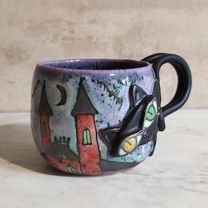Handmade Black Cat Ceramic Mug — Witchy Gothic Coffee Cup, Celestial Cat Lover Gift