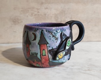 Handmade Black Cat Ceramic Mug — Witchy Gothic Coffee Cup, Celestial Cat Lover Gift