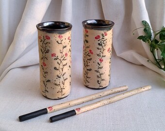 Handmade Ceramic Tumblers, Water Cup flower pottery, Tall Glass with Delicate Hand Painted Roses, Elegant Pottery Tumbler, Xmas Gift