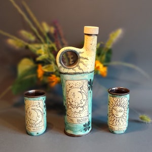 Sun and Moon Alcohol Set, Hand Glazed Ceramic Bottle & Tumblers, Collectible Tarot Themed Pottery for Home Bar, Unique Gift for Art Lovers image 1