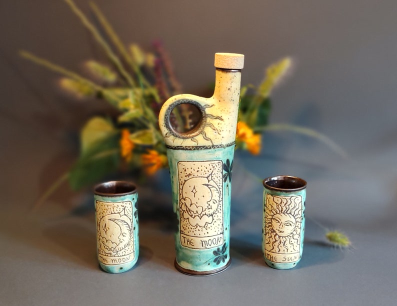 Sun and Moon Alcohol Set, Hand Glazed Ceramic Bottle & Tumblers, Collectible Tarot Themed Pottery for Home Bar, Unique Gift for Art Lovers image 1