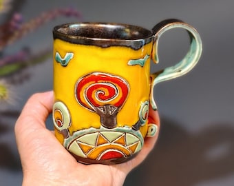 Yellow Handmade Ceramic Mug, Colorful Tea or Coffee Cup, Hot Air Balloon Mug, Collectible Pottery, Cute Mug, Slab Pottery Mug, New Home Gift