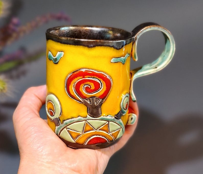 Yellow Handmade Ceramic Mug, Colorful Tea or Coffee Cup, Hot Air Balloon Mug, Collectible Pottery, Cute Mug, Slab Pottery Mug, New Home Gift One Mug