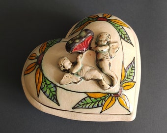 Handmade Heart Shaped Box, Victorian Stile Ceramic Jewlery Box with Angels and Flowers, Trinket Box, Valentine Jewelry Box Ideal for Gifts