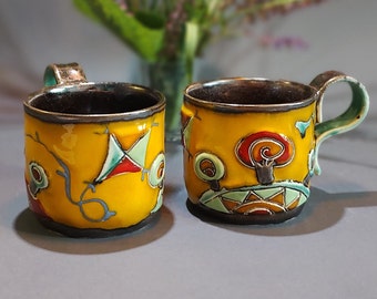 Handbuilt Ceramic Mug, Espresso Cup with Kite, Colorful Coffee Cup, Collectible Pottery, Cute Mug, Bright Colored Slab Pottery, Pottery Cup